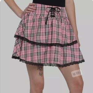 Hot Topic Pink Checkered Skater Skirt with Lace Trim